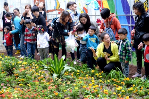 4月27日，游客在“蝴蝶谷”觀賞花叢中的蝴蝶。