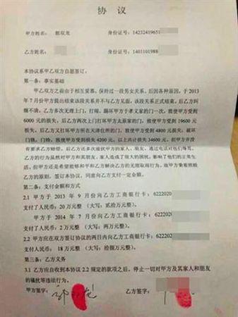 男女雙方簽署的協(xié)議書。