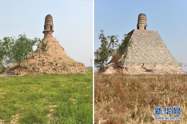 左圖：修繕前的山西祁縣文峰塔（7月28日攝）；右圖：修繕后的文峰塔（10月15日攝）（拼版照片）。