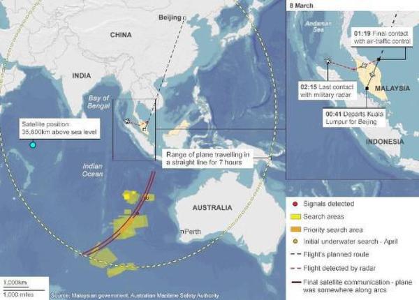 馬航MH370客機最后的飛行軌跡圖。[!--empirenews.page--]