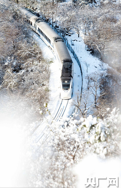 　長城巍峨雪后幽然，“雪國列車”穿越居庸關(guān)如“銀蛇”美到窒息。