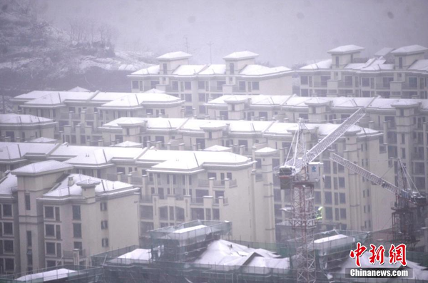 1月23日，重慶主城區(qū)迎來罕見大雪天氣，一小區(qū)綠化帶變成了白茫茫的雪地。圖為樓頂上積滿了白雪。 陳超 攝