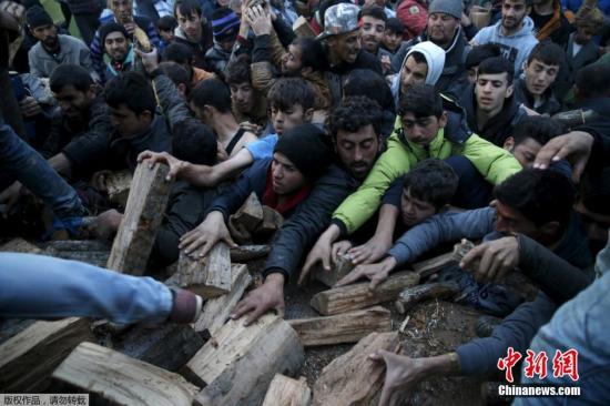 當(dāng)?shù)貢r(shí)間2016年3月6日，希臘Idomeni，滯留希臘與馬其頓邊境的移民蜂擁爭(zhēng)搶木柴。