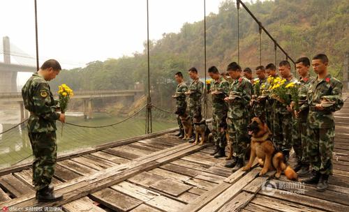 2016年3月29日，云南瑞麗，邊防大隊江橋警犬復訓基地的官兵在警犬墓群前，帶著警犬列隊，悼念特殊的“警犬戰(zhàn)友”，敬獻花環(huán)。脫帽、默哀、敬禮，簡單的儀式承載了官兵與警犬之間深厚的戰(zhàn)友情誼。11年來，這個基地先后有12頭警犬光榮地完成使命，葬在山頭。