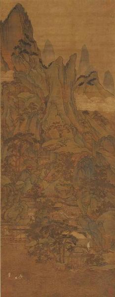 胡廷暉《春山泛艇圖》 絹本，青綠設(shè)色，縱143cm，橫55.5cm，北京故宮博物院藏