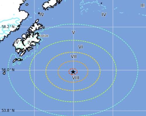 阿拉斯加地震可能波及的范圍示意圖。來源：美國地質(zhì)勘探局網(wǎng)站截圖。