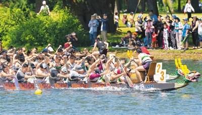 中國(guó)僑網(wǎng)6月16日，加拿大舉行第30屆多倫多國(guó)際龍舟節(jié)，這項(xiàng)為期兩天的傳統(tǒng)活動(dòng)吸引了來(lái)自世界各地的逾5000人參加。圖為參賽者在龍舟賽中。(新華社/鄒崢 攝)