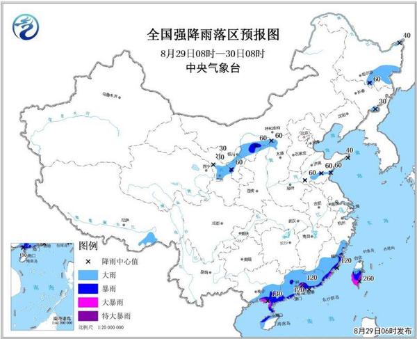 圖1 全國強(qiáng)降雨落區(qū)預(yù)報(bào)圖(8月29日08時(shí)-30日08時(shí))