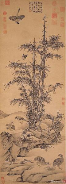 王淵，《竹雀圖》軸，元，紙本水墨，139.3×49.9厘米，日本大阪市立美術(shù)館藏