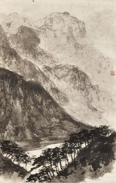 拍品編號(hào)1285傅抱石《高山仰止》設(shè)色紙本 鏡框103 x 65.5 cm。