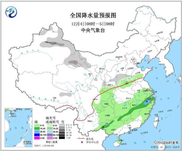 圖1 全國(guó)降水量預(yù)報(bào)圖(12月4日08時(shí)-5日08時(shí))