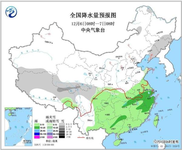 圖3 全國(guó)降水量預(yù)報(bào)圖(12月6日08時(shí)-7日08時(shí))