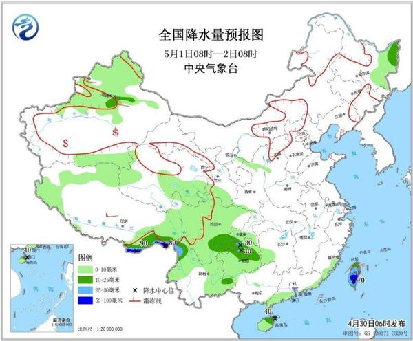 圖4 全國(guó)降水量預(yù)報(bào)圖(5月1日08時(shí)-2日08時(shí))