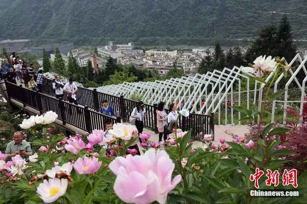 2018年4月30日，汶川青山綠水鮮花盛開，吸引游客觀光。 中新社記者 任海霞 攝