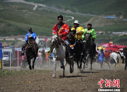 圖為來自甘、青、寧等地的選手參加抓喜秀龍鎮(zhèn)賽馬節(jié)?！〈蘖?攝