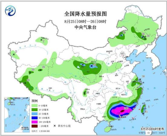 圖3 全國降水量預(yù)報圖(8月25日08時-26日08時)