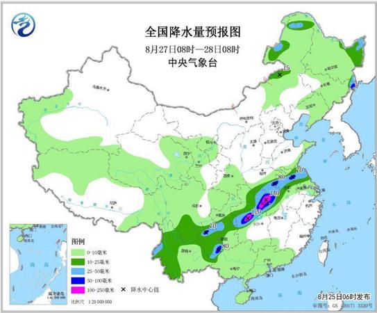 圖5 全國降水量預(yù)報圖(8月27日08時-28日08時)