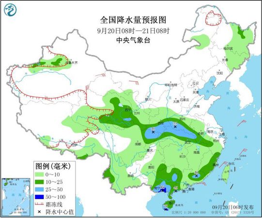 圖1 全國(guó)降水量預(yù)報(bào)圖(9月20日08時(shí)-21日08時(shí))