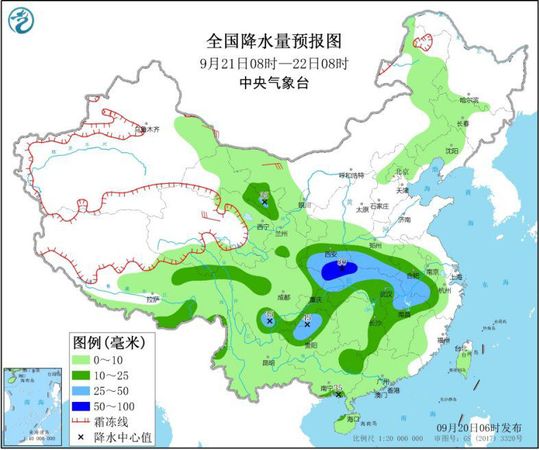 圖2 全國(guó)降水量預(yù)報(bào)圖(9月21日08時(shí)-22日08時(shí))