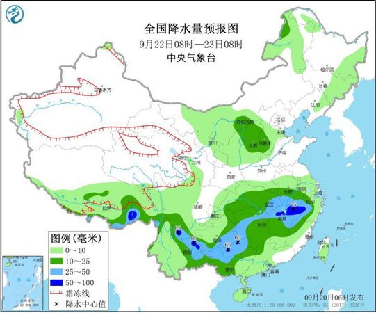 圖3 全國(guó)降水量預(yù)報(bào)圖(9月22日08時(shí)-23日08時(shí))