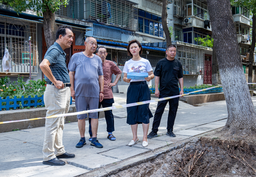 王小雨（右二）與政協(xié)委員、居民代表就小區(qū)管道安裝事宜現(xiàn)場協(xié)商。 （圖片由受訪者提供）